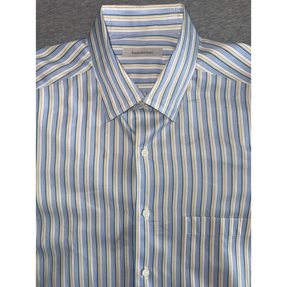 Ermenegildo Zegna Mens Blue Yellow Striped Button Up Shirt Size Large Luxurious